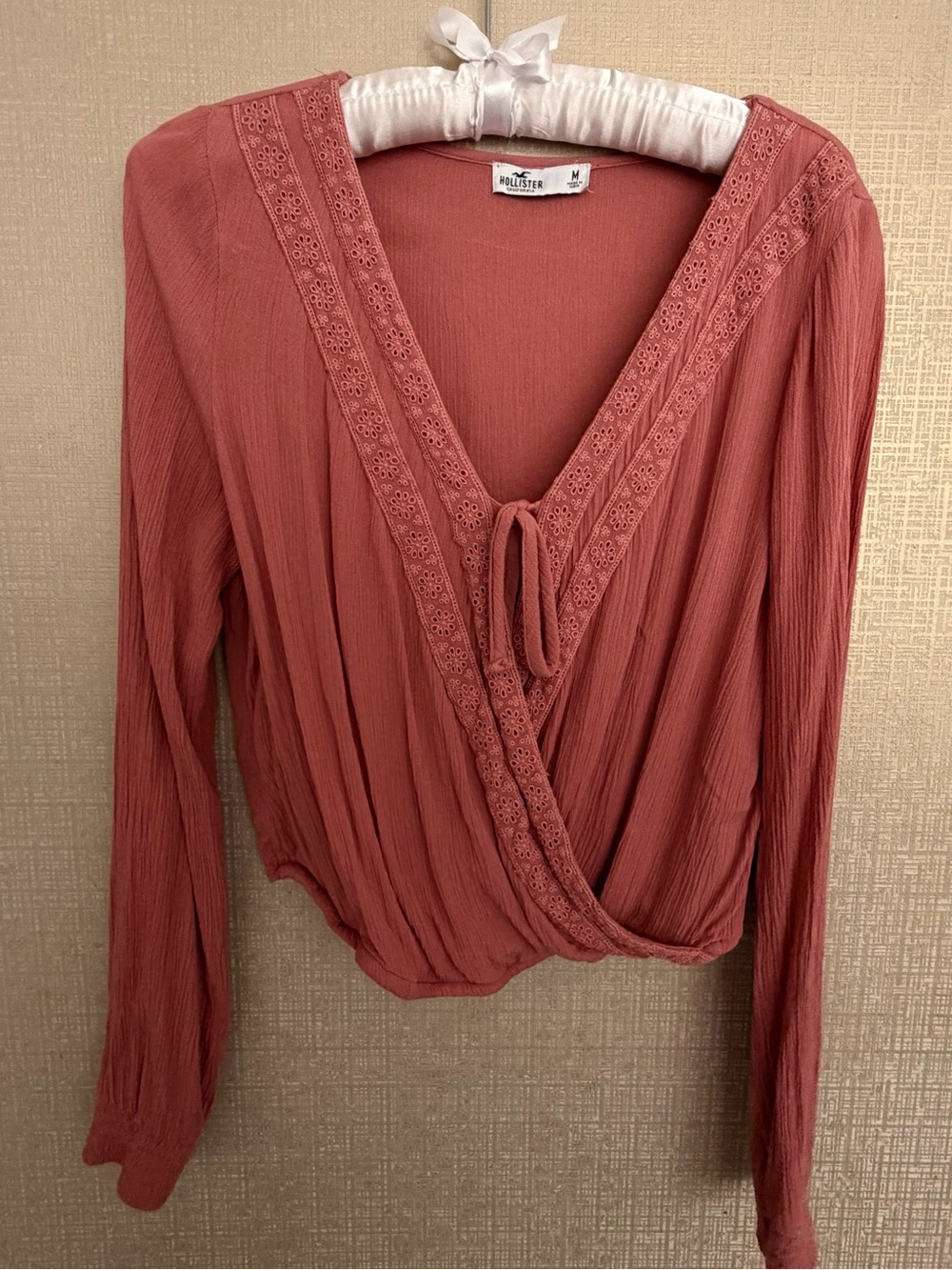 Hollister Dusty Rose Lace-Trim Wrap Blouse